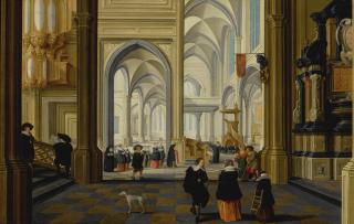 Dirck Van Delen - An Imaginary Church Interior With A Staircase, An Organ, A Tomb, And Elegant Figures, With A Dog In The Foreground
