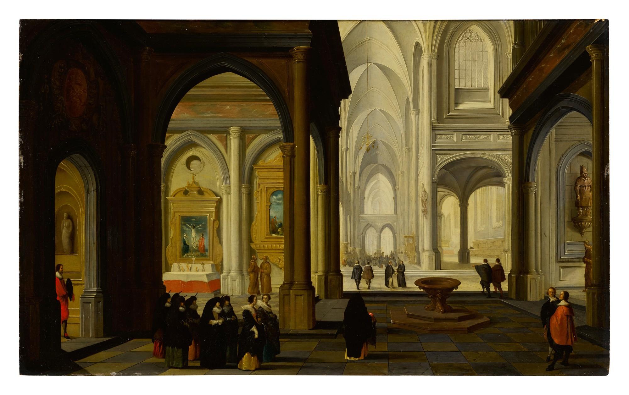 Dirck van Delen - Flemish cathedral with beguines and elegant visitors