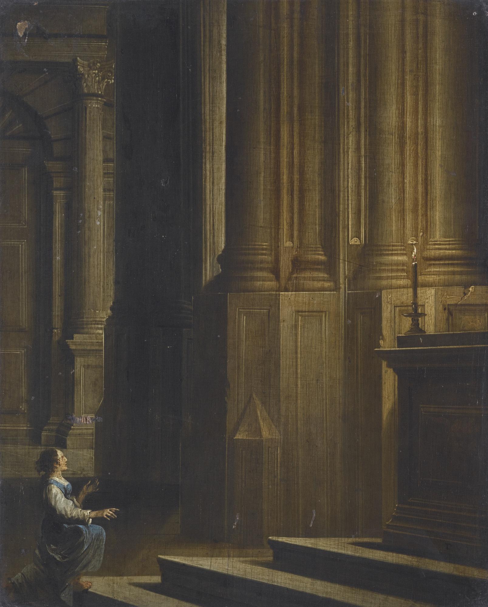 Dirck Van Delen - Lady Kneeling Before An Altar In A Candlelit Church Interior
