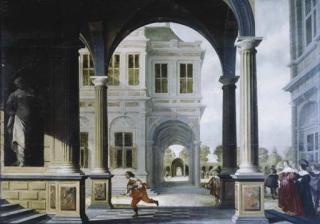 Dirck van Delen - The forecourt of a Renaissance palace with a herald running to the stairs