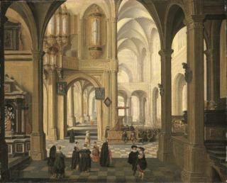 Dirck van Delen - The interior of a church with a sermon in progress, a christening party in the foreground