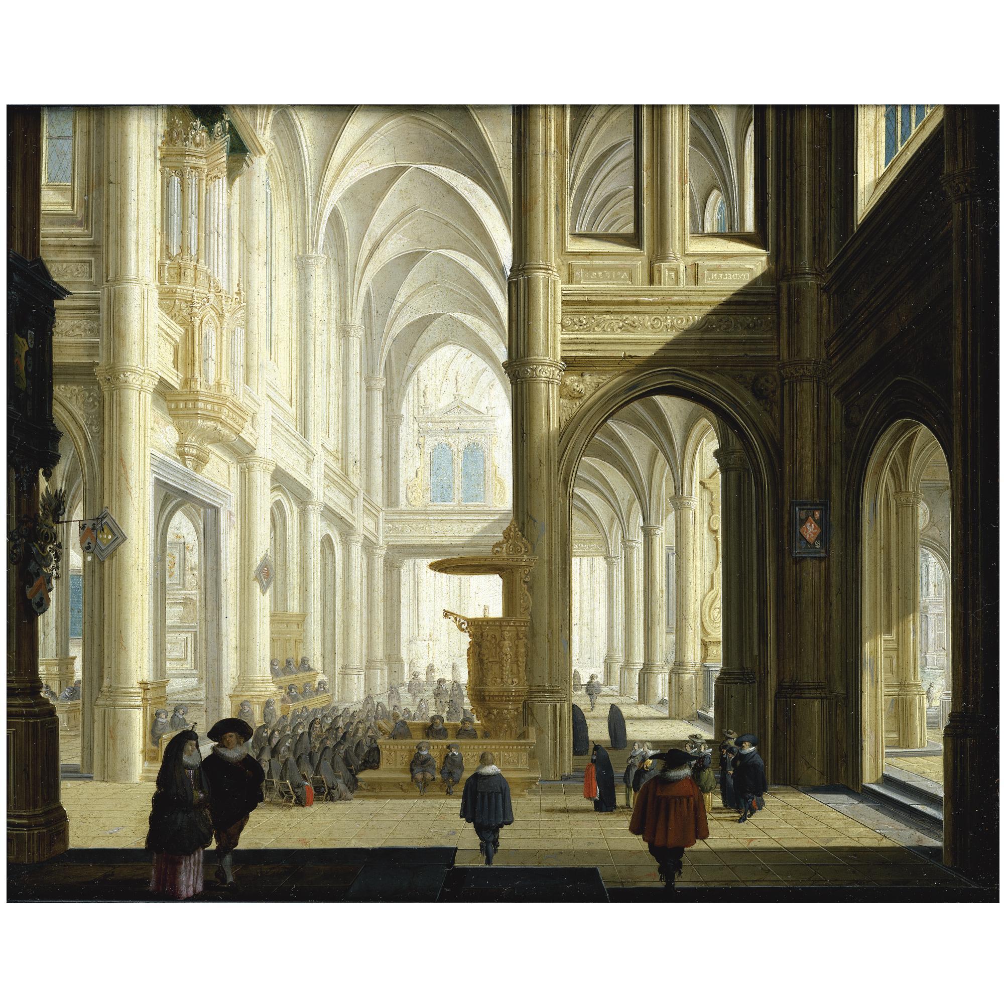 Dirck van Delen - The Interior Of A Gothic Cathedral, With Numerous Elegant Figures, And Women Listening To A Bible Reading 
