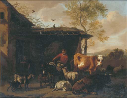 Dirck van den Bergen - A rustic by a barn with his donkey and other animals