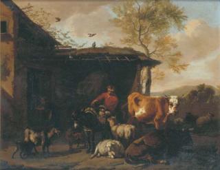 Dirck van den Bergen - A rustic by a barn with his donkey and other animals