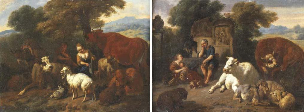 Dirck Van Den Bergen - An Italianate landscape with a shepherd and shepherdess sheltering under a tree with animals; and An Italianate landscape with a peasant family resting with cattle by a fountain
