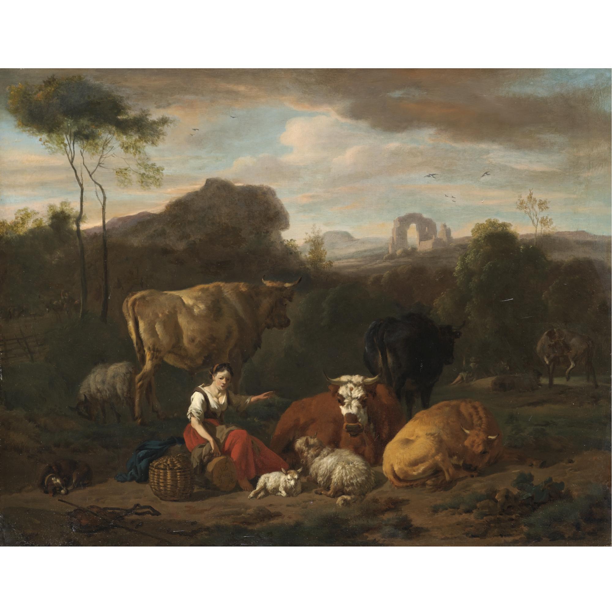 Dirck van den Bergen - An Italianate Landscape With A Shepherdess Seated Amongst Sheep And Cattle