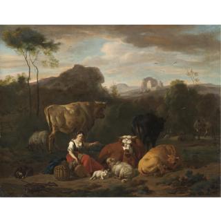 Dirck van den Bergen - An Italianate Landscape With A Shepherdess Seated Amongst Sheep And Cattle