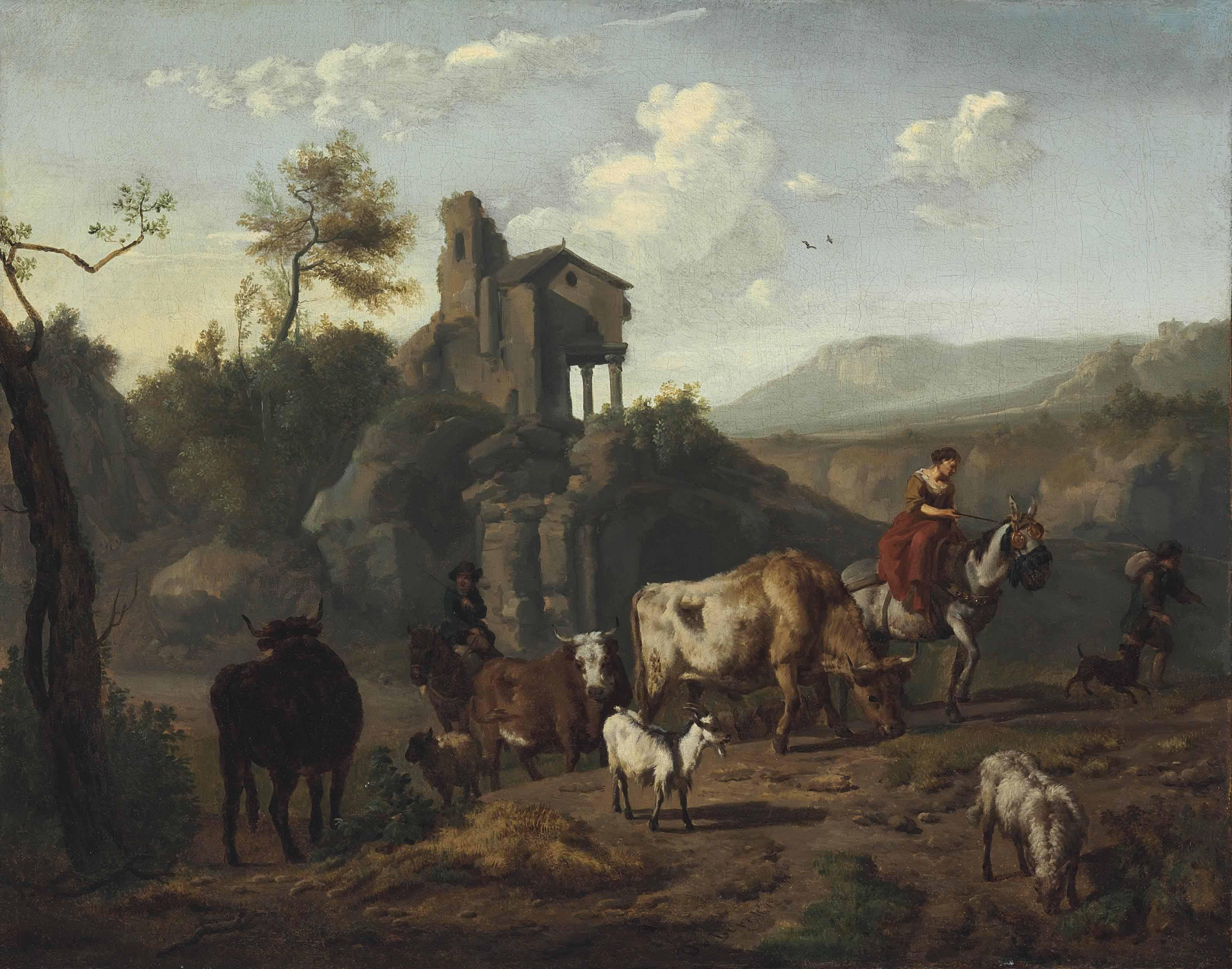 Dirck van den Bergen - Shepherds And A Shepherdess Driving Cattle