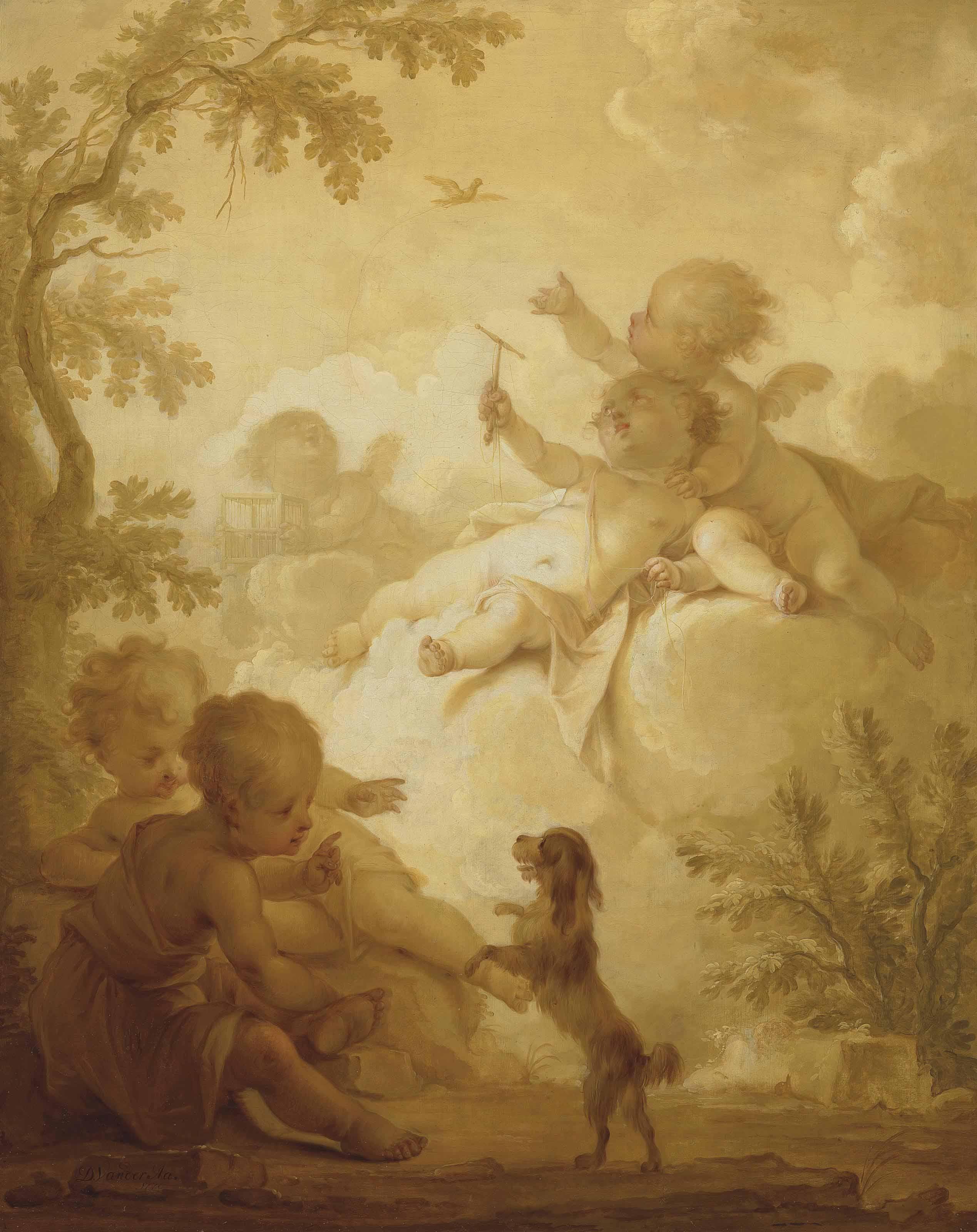 Dirck van Der Aa - Putti in a wooded landscape with a bird and a lap-dog