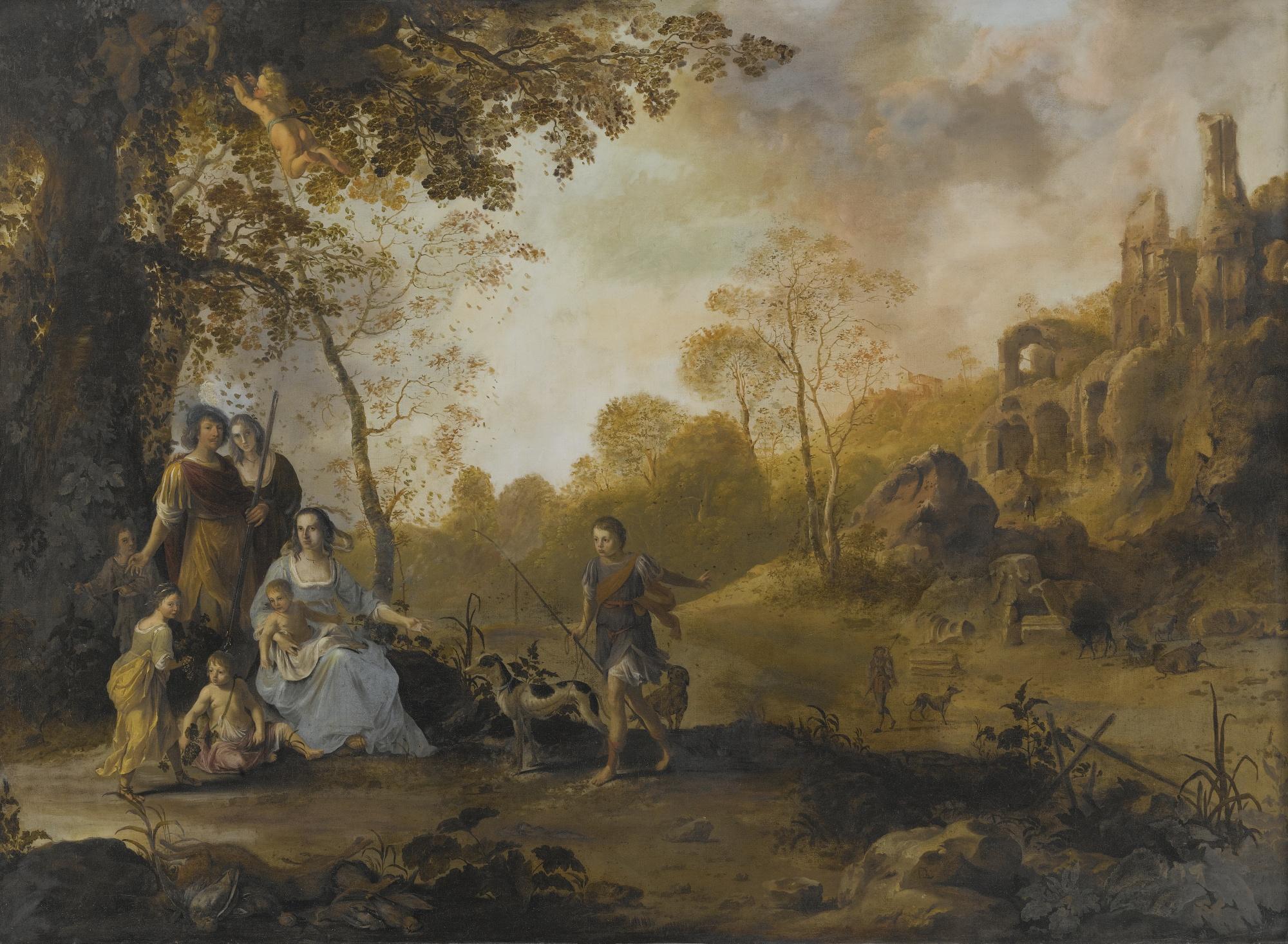 Dirck Van Der Lisse - An Allegorical Family Portrait In A Landscape