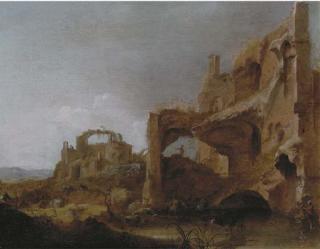 Dirck van der Lisse - An Italianate Landscape With Herdsmen Watering Cattle Among Classical Ruins