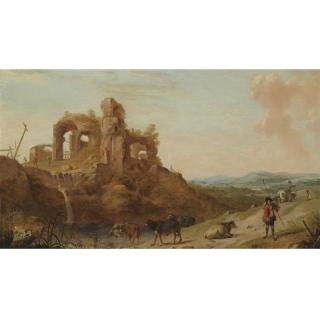 Dirck van der Lisse - Italianate Landscape With Shepherds And Cattle Among Roman Ruins
