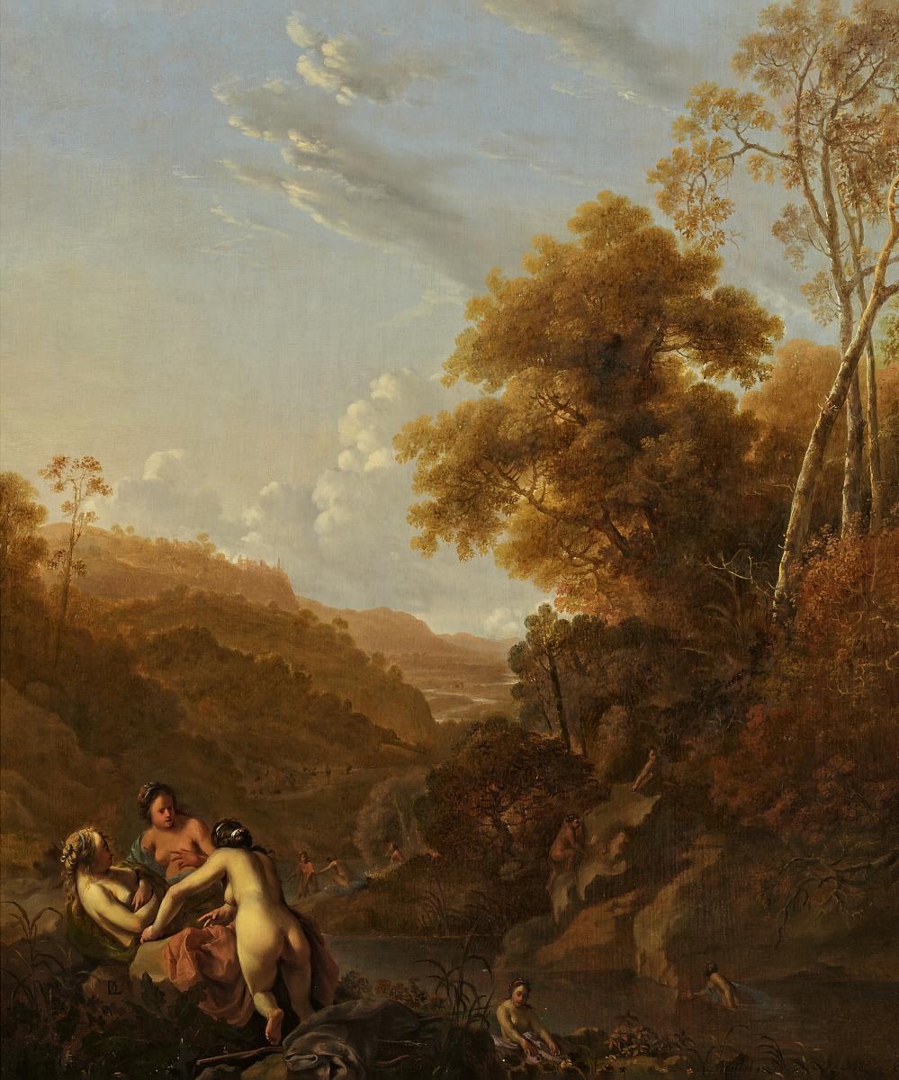 Dirck van der Lisse - Italienische Landschft mit badenden Nymphen