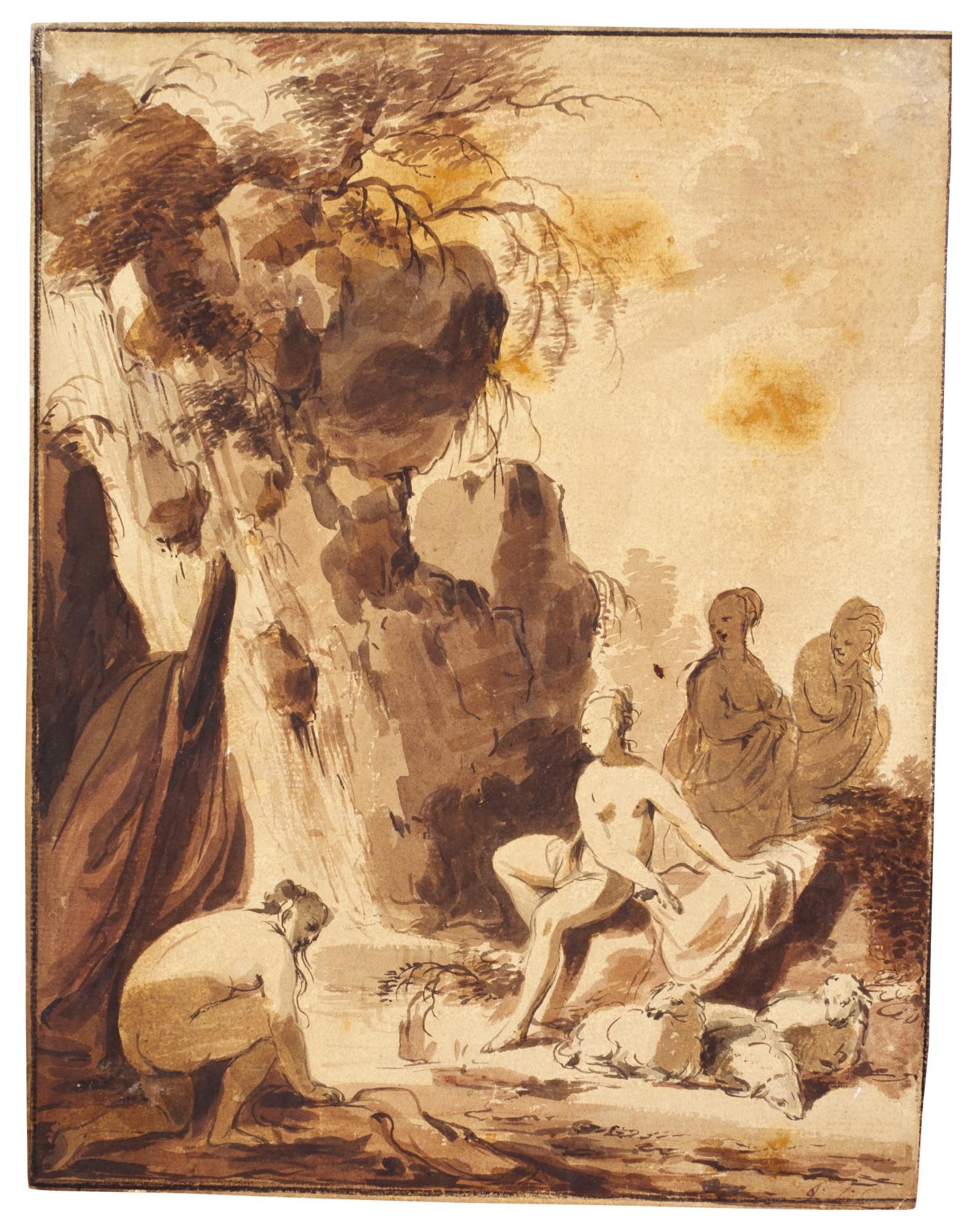 Dirck Van Der Lisse - Nymphs bathing in a waterfall