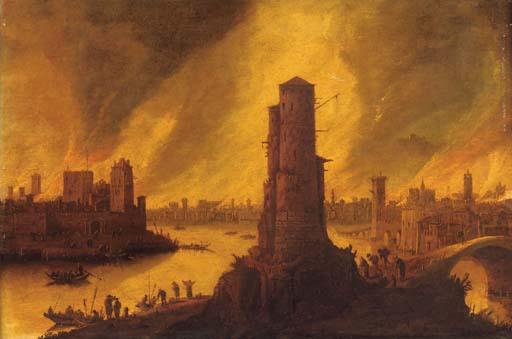 Dirck Verhaert - A burning city by a river with figures fleeing in the foreground