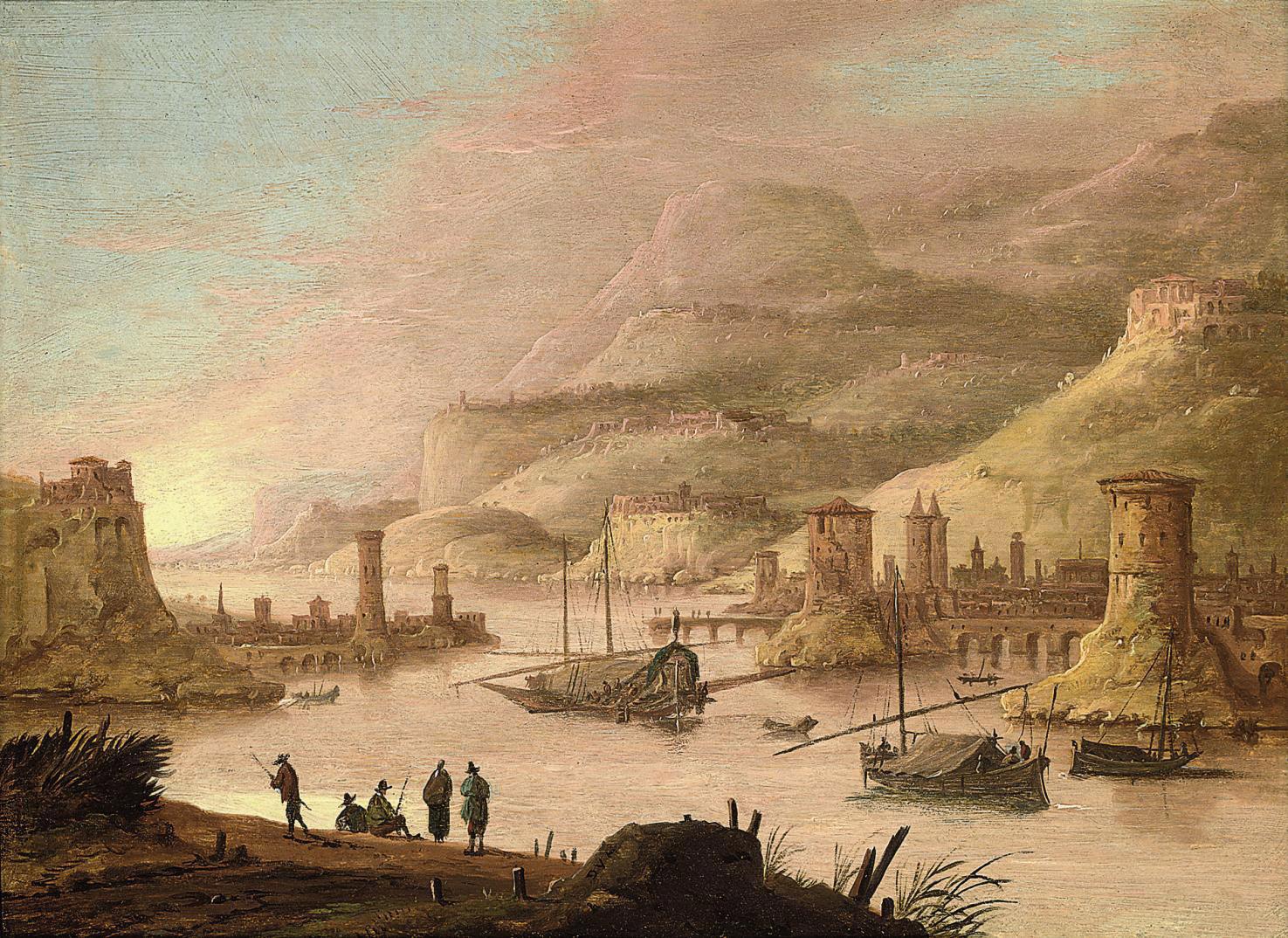 Dirck Verhaert - A mountainous river landscape with figures on a bank, a town beyond