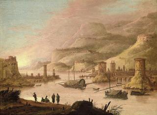 Dirck Verhaert - A mountainous river landscape with figures on a bank, a town beyond