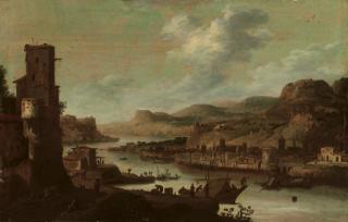 Dirck Verhaert - A mountainous river landscape with figures on moored ships near a ruined tower, a fortified town on the opposite river bank