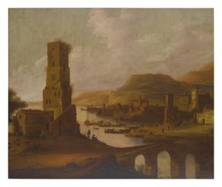 Dirck Verhaert - An Extensive River Landscape With A Bridge