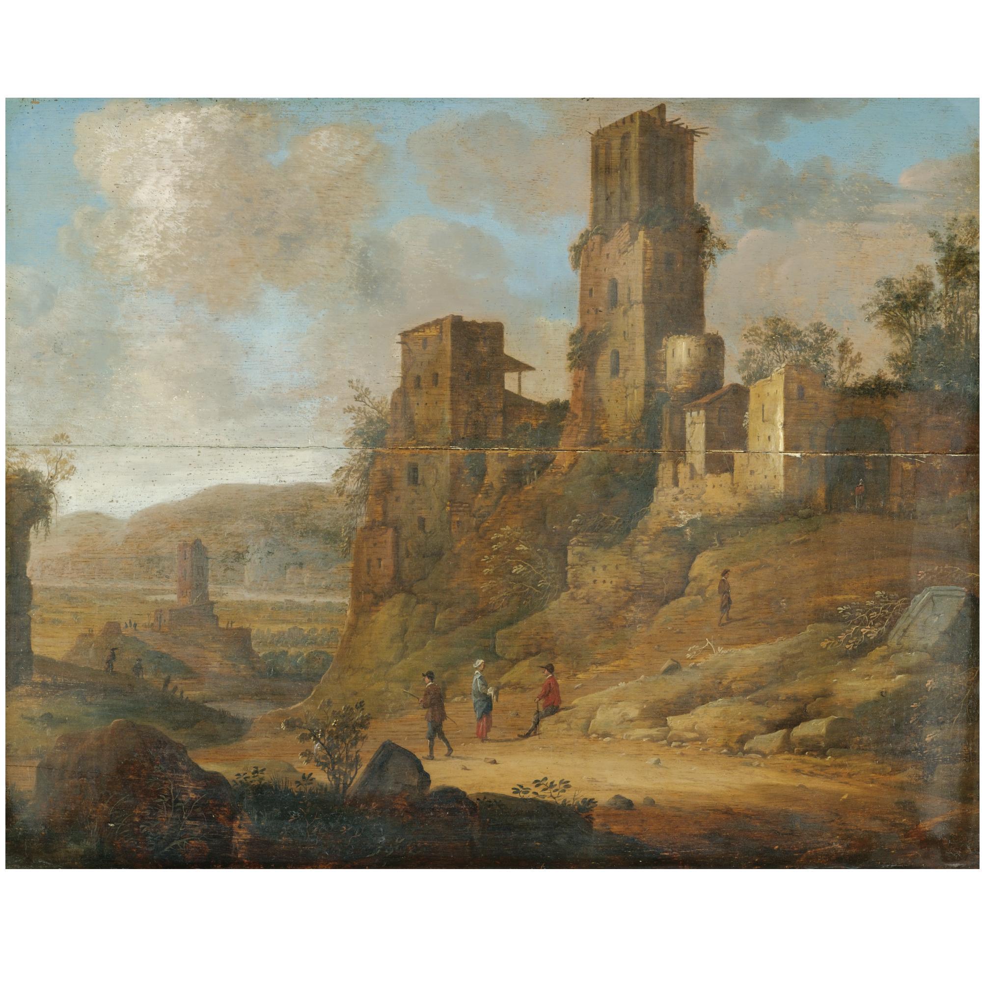 Dirck Verhaert - An Extensive River Landscape With Figures Resting Near A Ruined Fortification