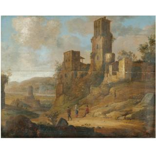 Dirck Verhaert - An Extensive River Landscape With Figures Resting Near A Ruined Fortification