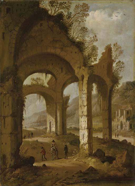 Dirck Verhaert - Classical ruins with travelers