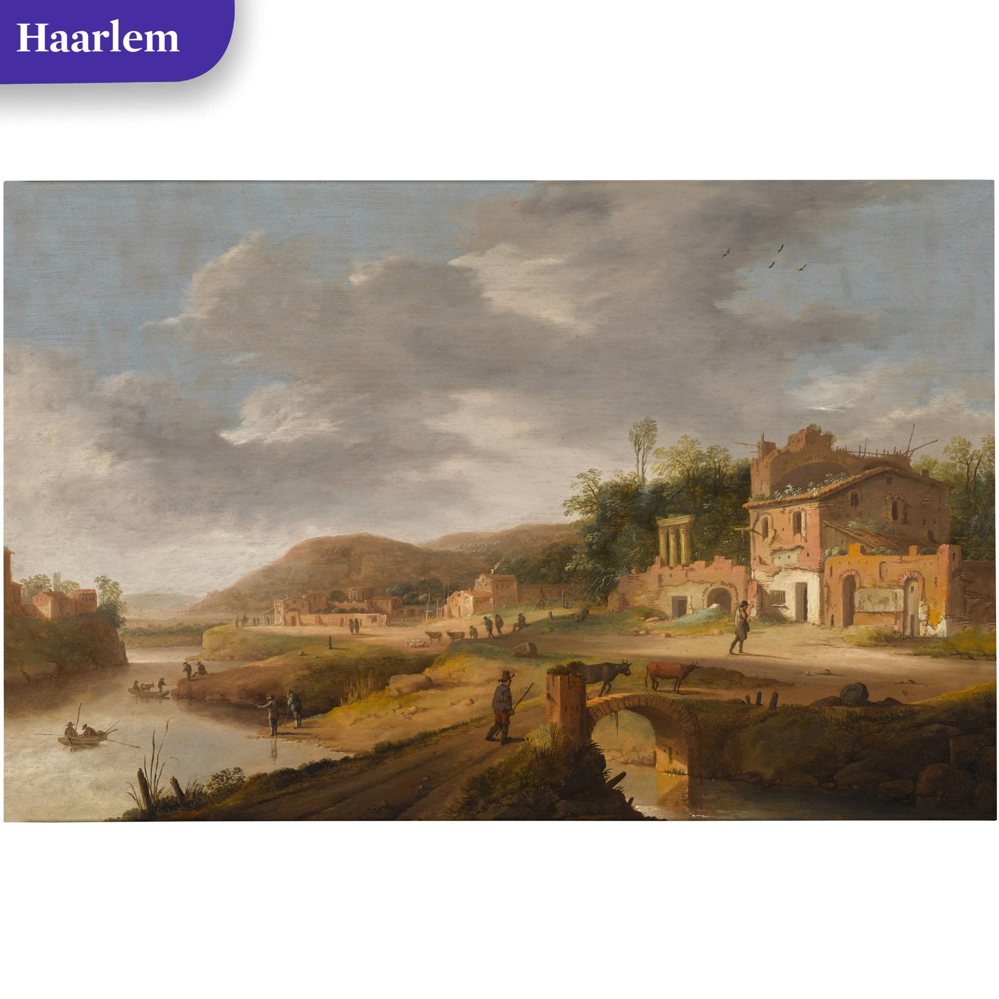 Dirck Verhaert - Italianate river landscape with a drover crossing a bridge with his cattle in the foreground