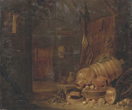 Dirck Wijntrack - A barn interior with copper pots, wooden barrels and a cat drinking milk nearby