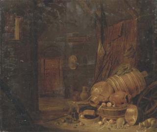 Dirck Wijntrack - A barn interior with copper pots, wooden barrels and a cat drinking milk nearby