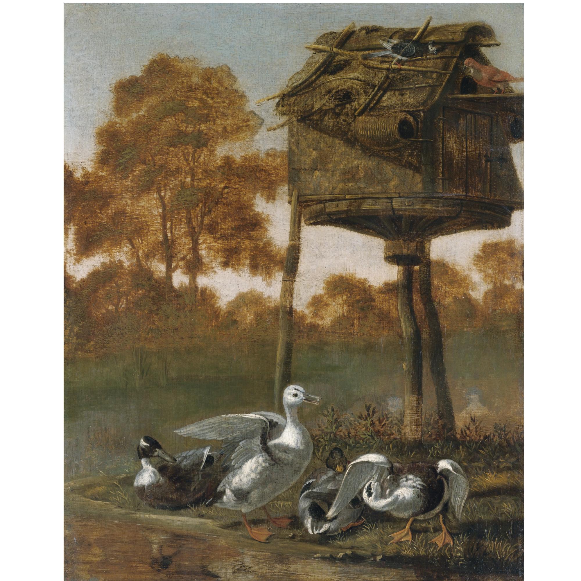 Dirck Wijntrack - Ducks By A River With Other Birds Perched On A Birdhouse
