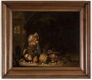 Dirck Wijntrack - Kitchen interior with a barrel, basket and onions