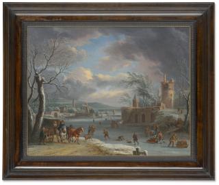 Dirk Dalens Iii - A winter landscape, with figures skating on a frozen river