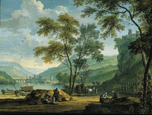 Dirk Dalens III - Figures resting and gathering the harvest in a mountainous river landscape