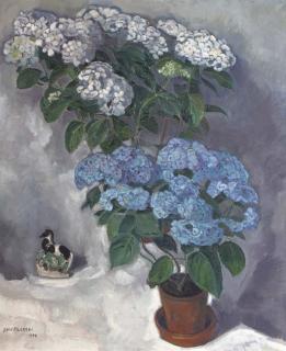 Dirk Filarski - A still life with hortensias and a statuette of a horse