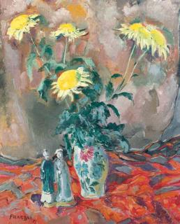 Dirk Filarski - Bloemen - A still life with flowers and a Japanese sculpture