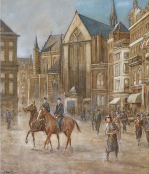 Dirk Johannes van Haaren - Police on horseback on Dam square, Amsterdam