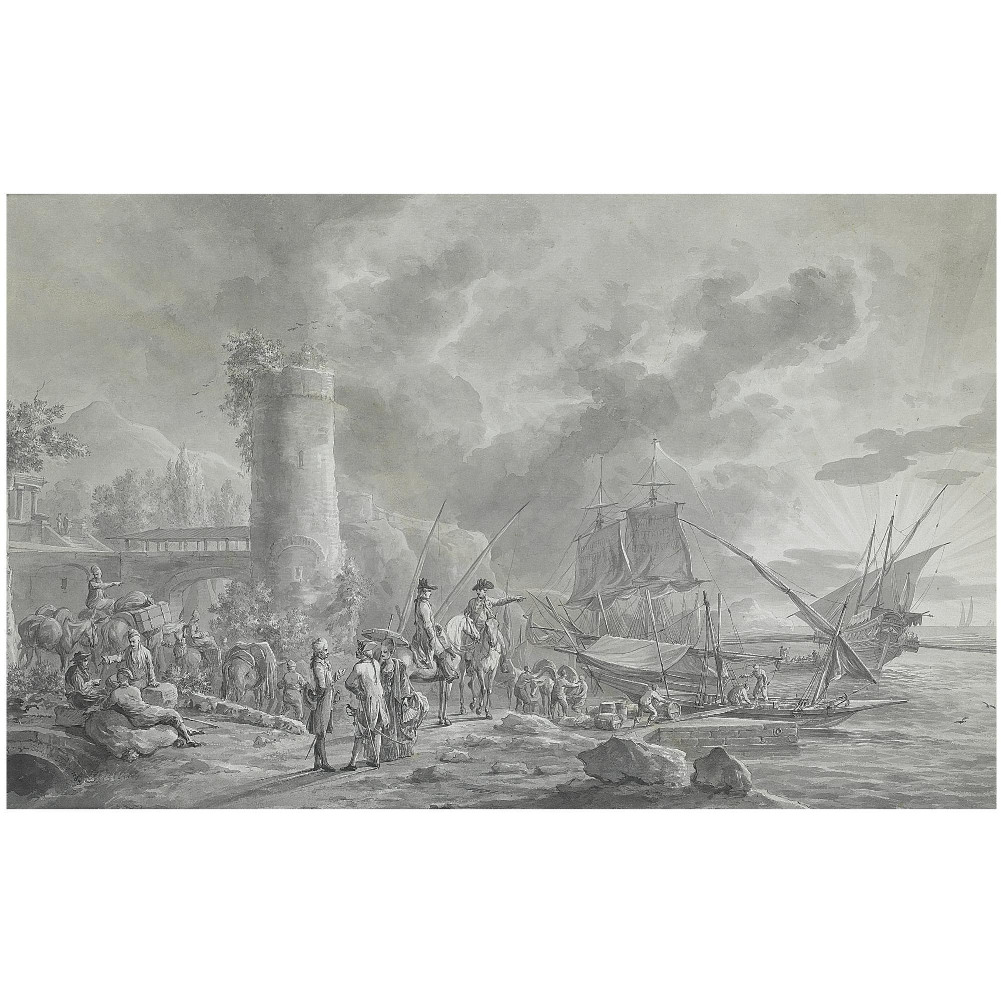 Dirk Langendijk - Elegant Figures In Conversation At A Quay, Boats Being Loaded To The Right