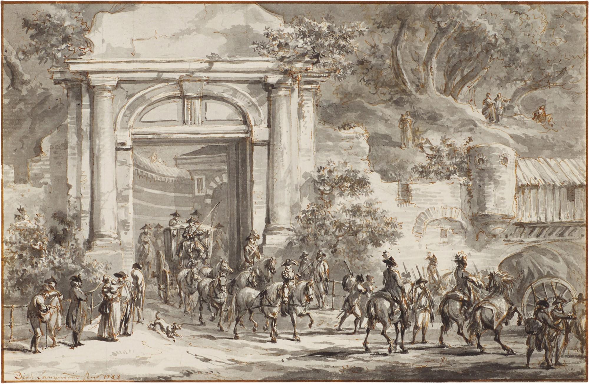 Dirk Langendijk - Military Convoy With A Carriage Passing Through A Grand Gate