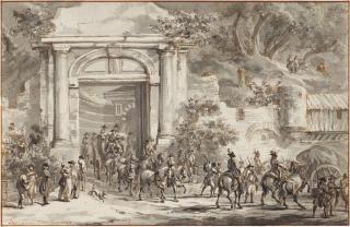 Dirk Langendijk - Military Convoy With A Carriage Passing Through A Grand Gate