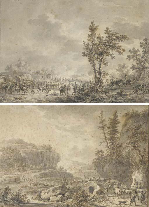 Dirk Langendijk - Un champ de bataille; et Des soldats sur une route, suivis de troupeaux dans un paysage montagneux