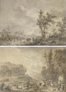 Dirk Langendijk - Un champ de bataille; et Des soldats sur une route, suivis de troupeaux dans un paysage montagneux