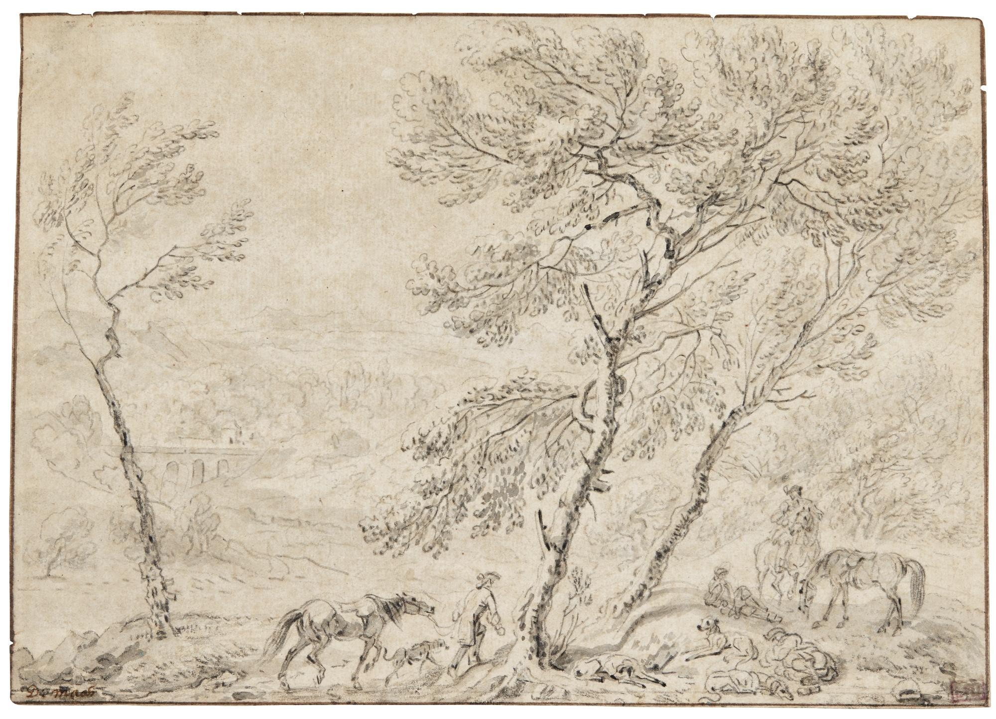 Dirk Maas - Italianate Landscape With A Hunting Party Resting By Trees