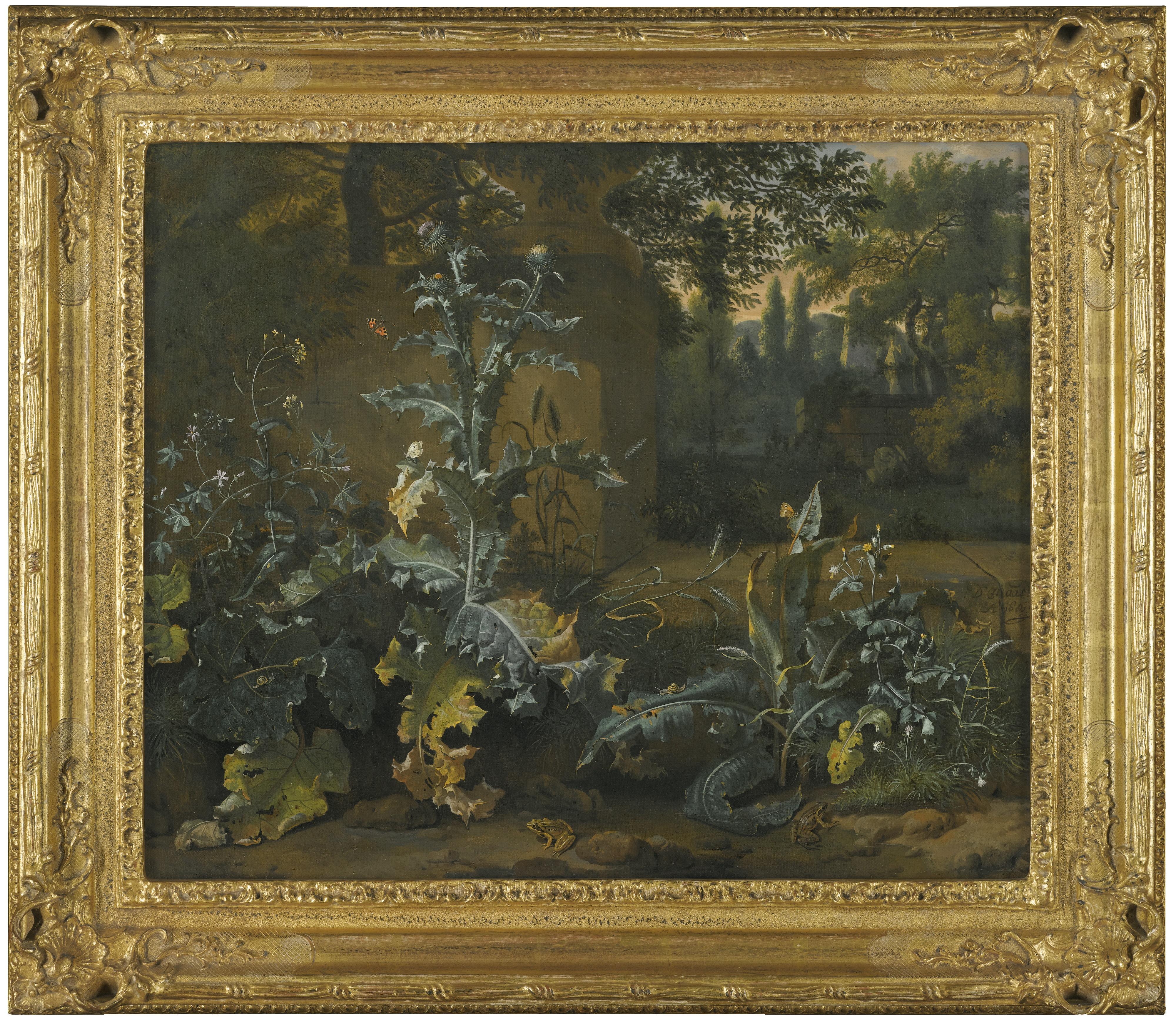 Dirk Maas - Thistles, Dock And Other Forest-Floor Plants In A Parkland Setting With Frogs, Butterflies And Snails