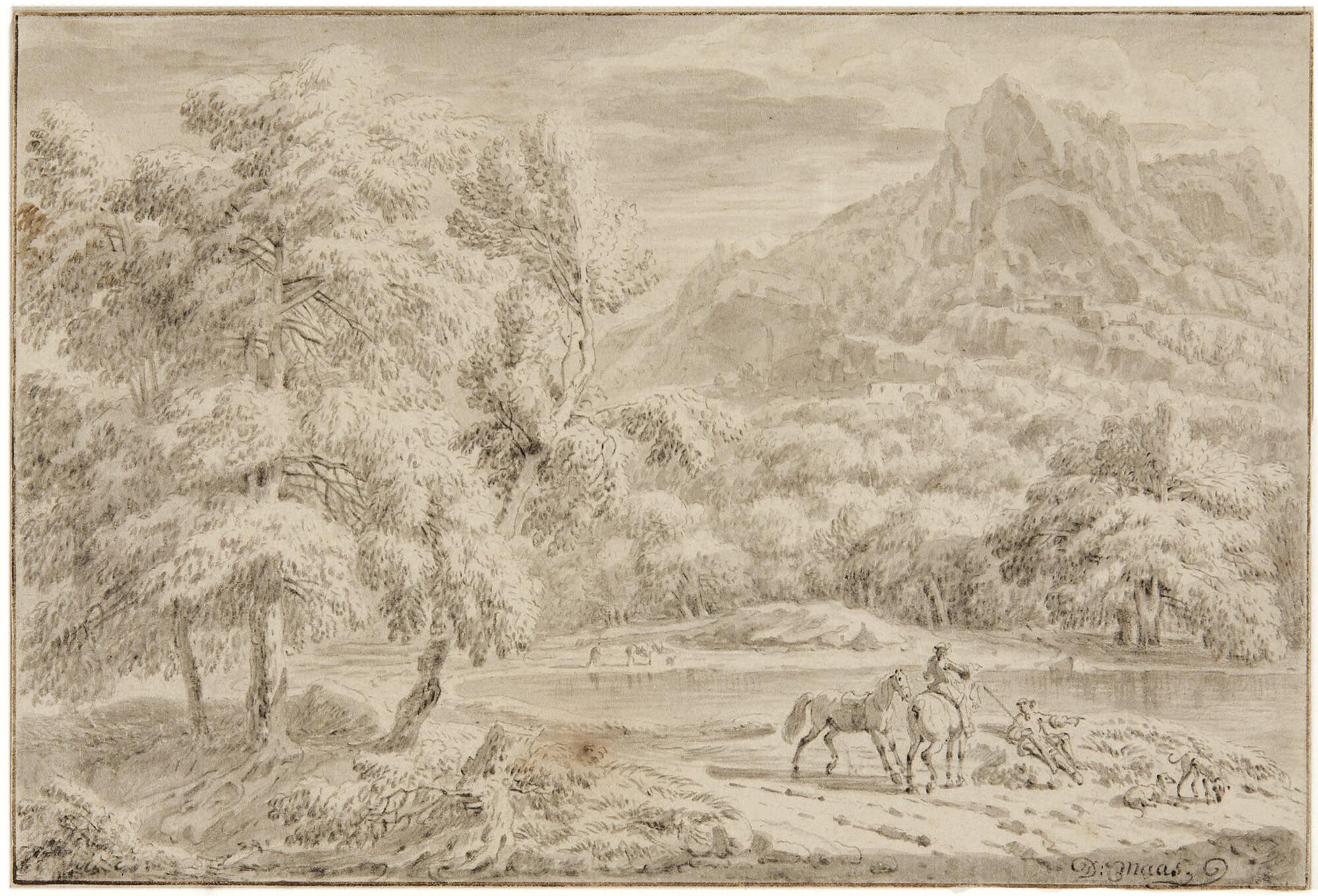 Dirk Maes - Gebirgige Landschaft mit rastenden Reitern an einem See.