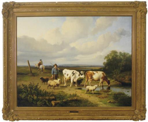Dirk Pieter van Lokhorst - Shepherd With Sheep And Cattle Near A Watering Hole