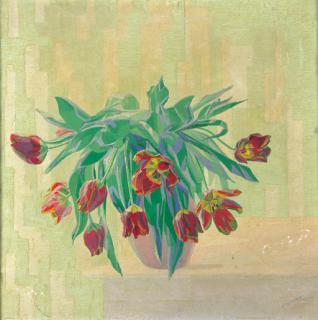 Dirk Smorenberg - A still life with red tulips in a vase