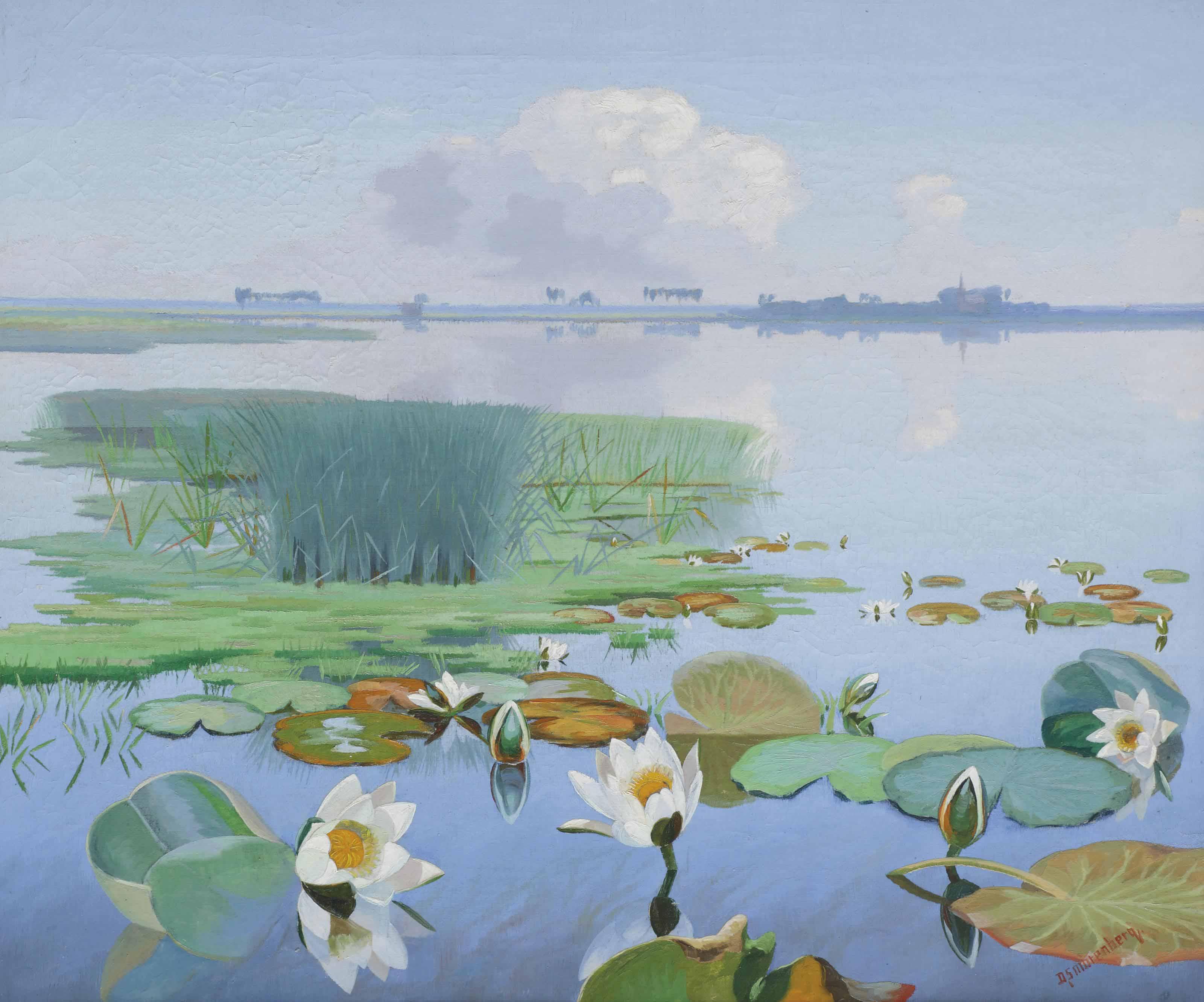 Dirk Smorenberg - Water Lilies With Loosdrecht In The Distance