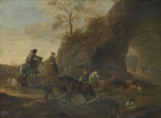 Dirk Stoop - A Landscape With Horsemen And Dogs In The Foreground, A Herdsman With Cattle Beneath A Natural Arch Beyond