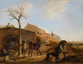 Dirk Stoop - A Landscape With Sportsmen Preparing For The Hunt, Together With Their Hounds And Horses