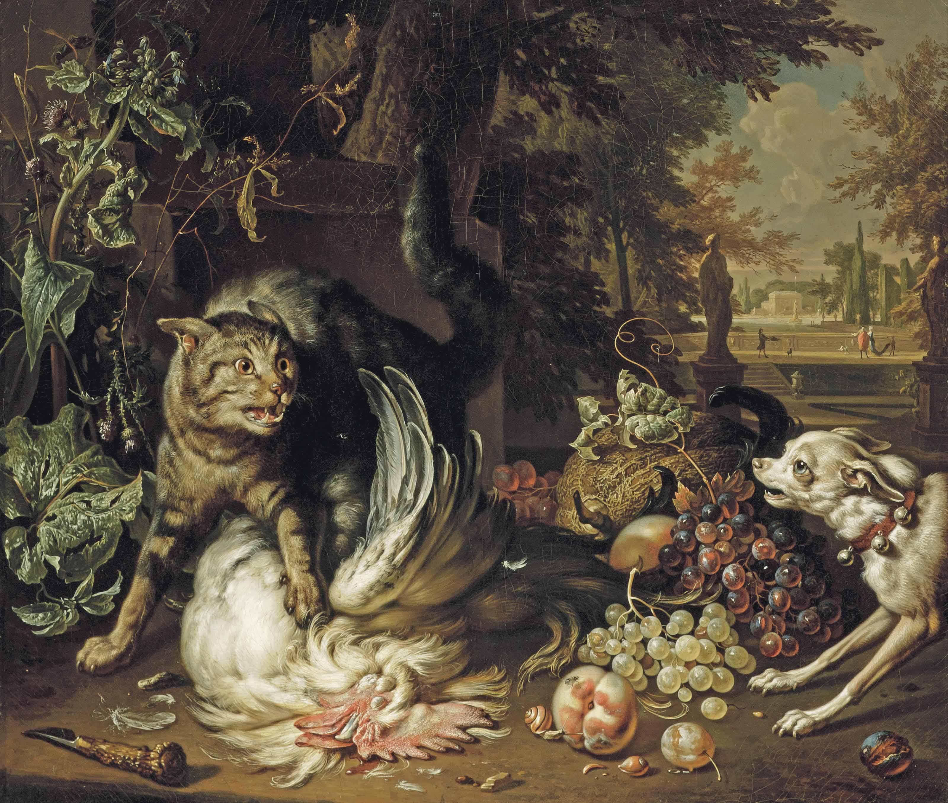 Dirk Valkenburg - A cat protecting game from a dog in a landscape